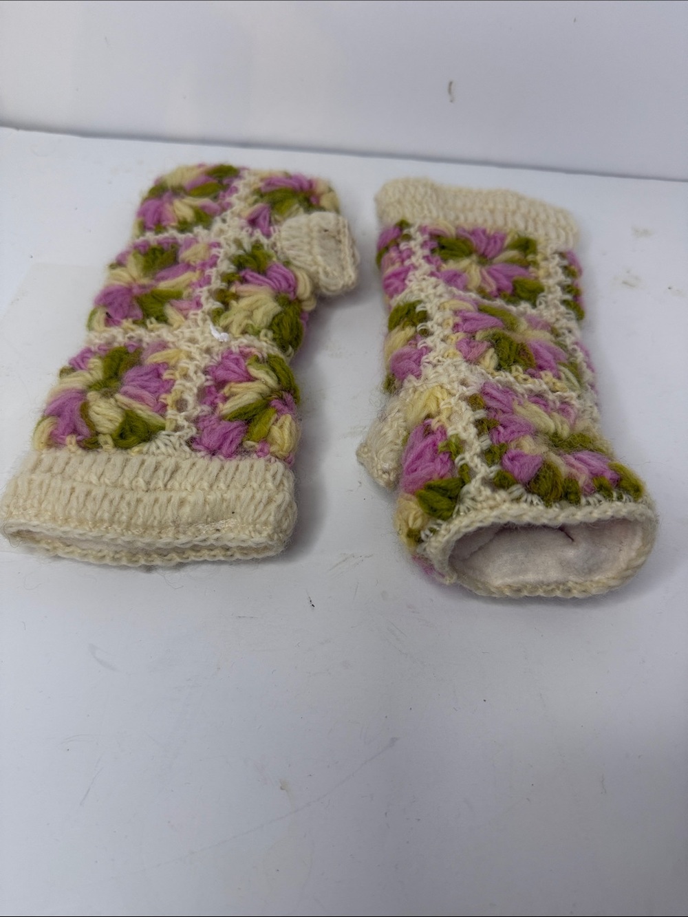 Handmade Cream, Pink & Green Crochet Fingerless Gloves